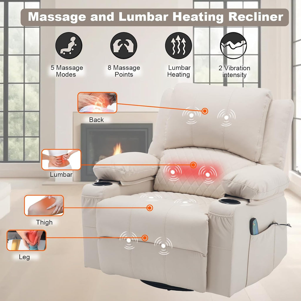 Leather Swivel Rocker Recliner Massage Nursery Rocking Glider Chair, White | Wide Seat, Overstuffed, Cup Holders