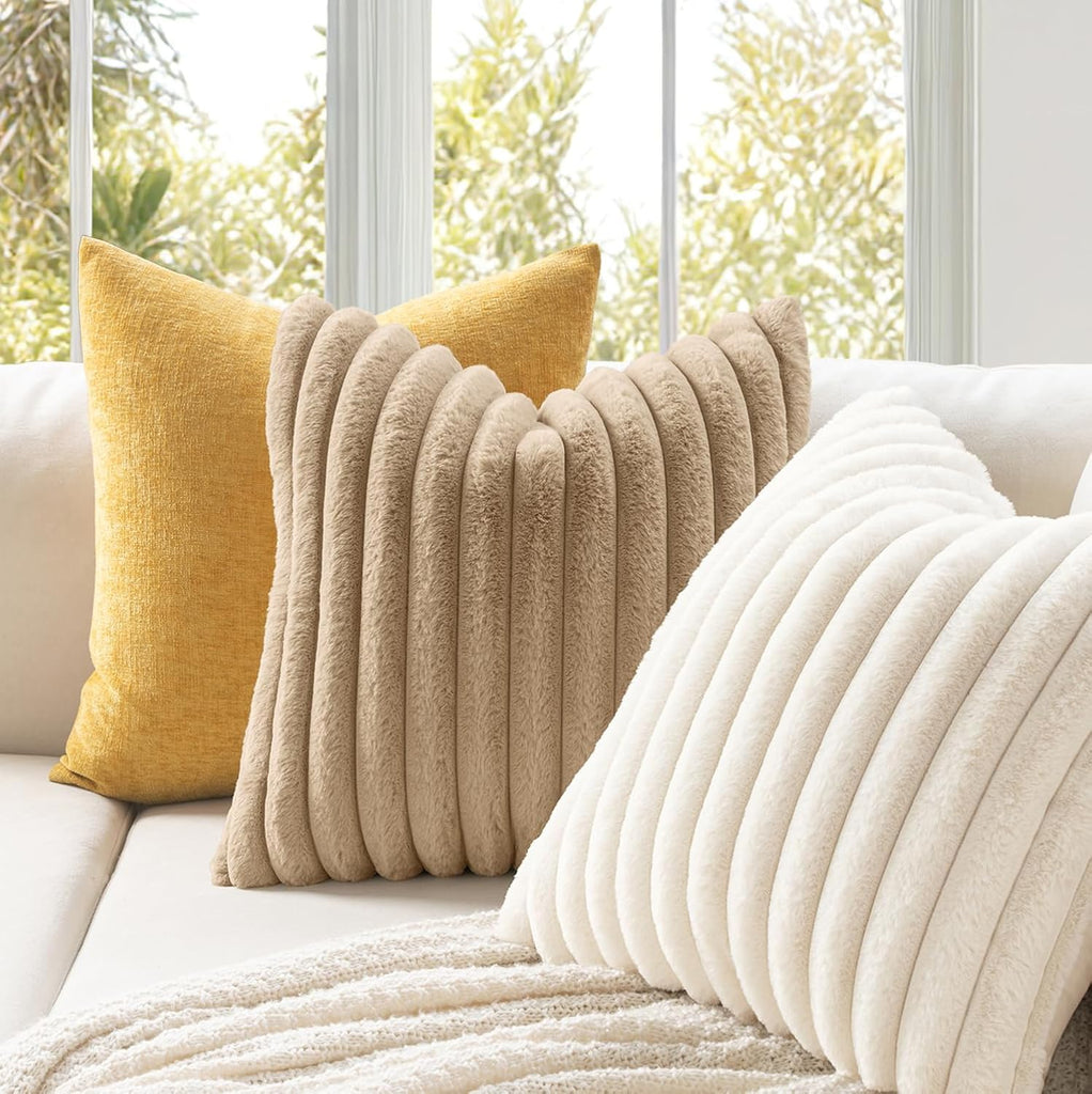 Faux Fur Decorative Throw Pillow Covers 18x18 Inch Set of 2, Modern Spring Home Decor Soft Plush Couch Pillows Cozy