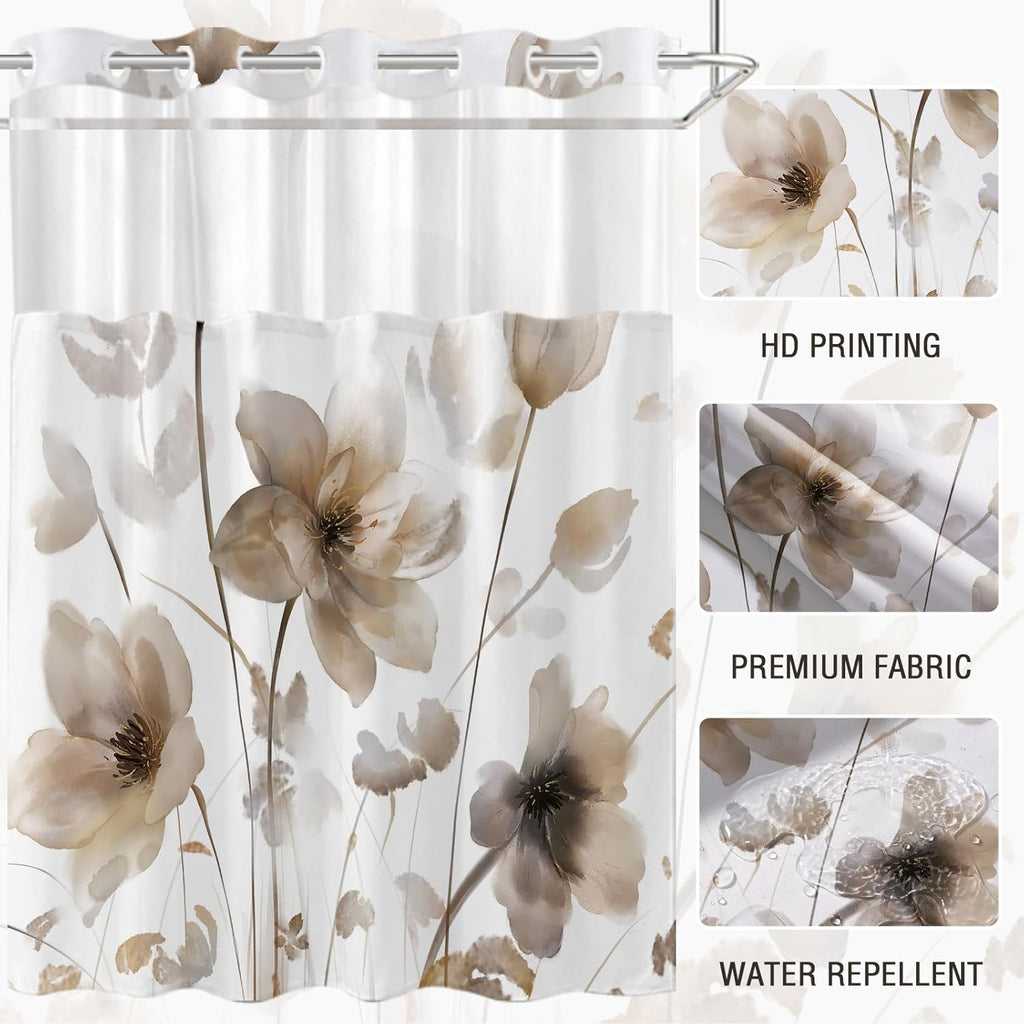 No Hook Shower Curtain and Liner Set, Brown Boho Floral 71x74 | Watercolor Boho Flower, with Snap in Liner