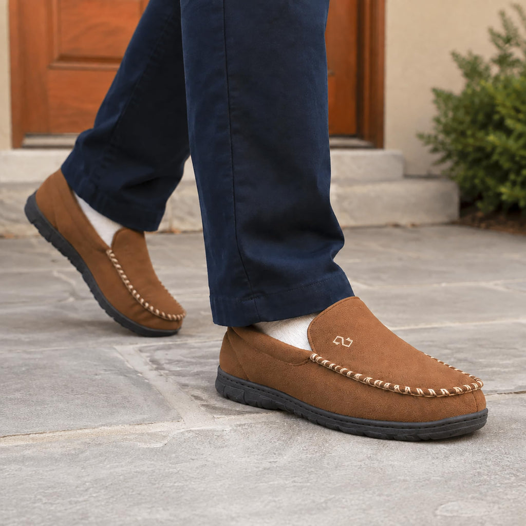 Men's Moccasin Slippers Memory Foam Indoor Outdoor, Camel, 11
