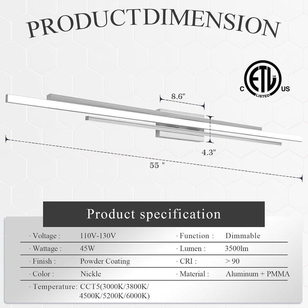 55 Inches Nickel LED Modern Bathroom Vanity Light Fixtures Dimmable 5CCT Vanity Light Bar Over Mirror 3-Light Wall