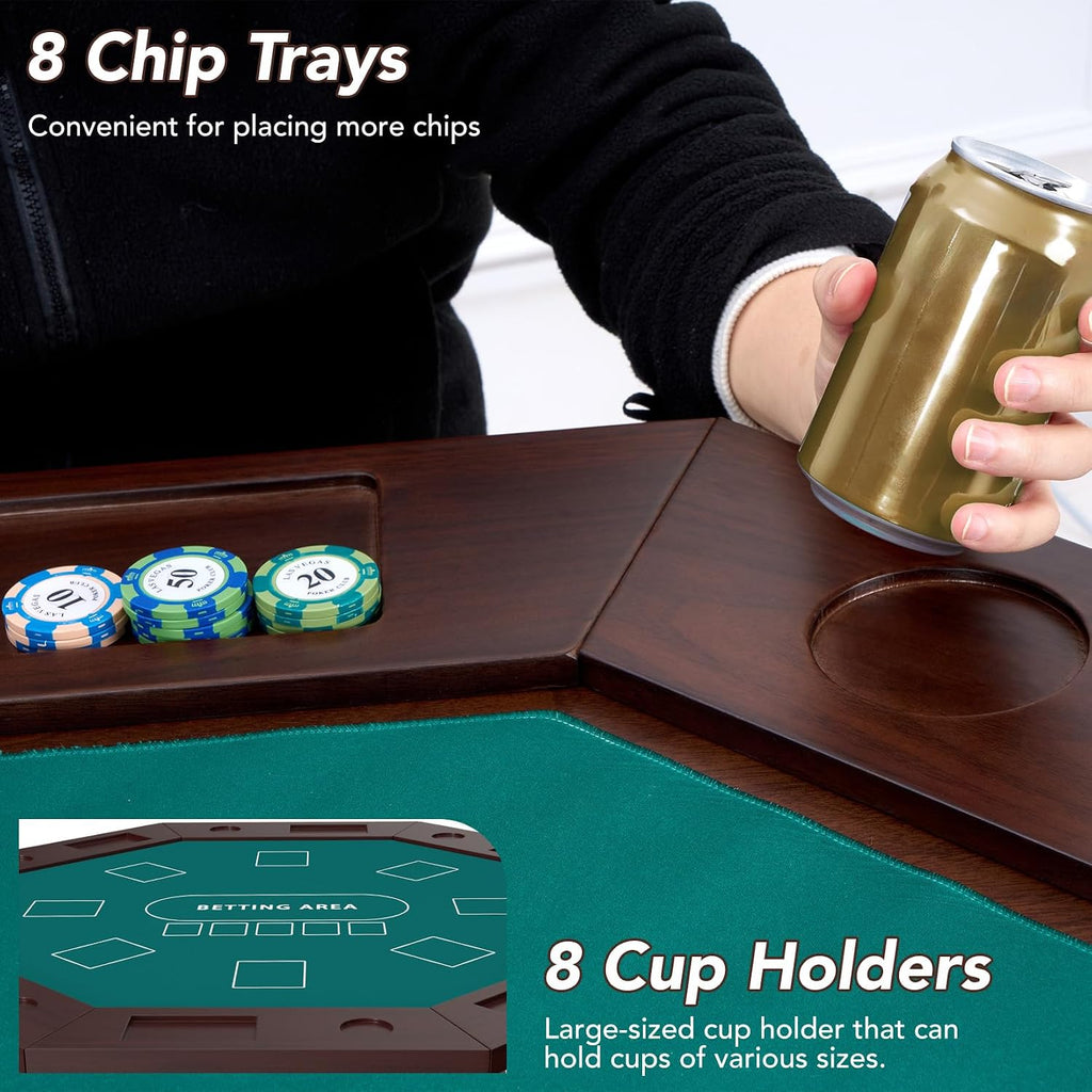 Solid Wood Poker Table, 60 Inch 8-Player Casino Style Game Table with Built-in Cup Holders & Felt Playing