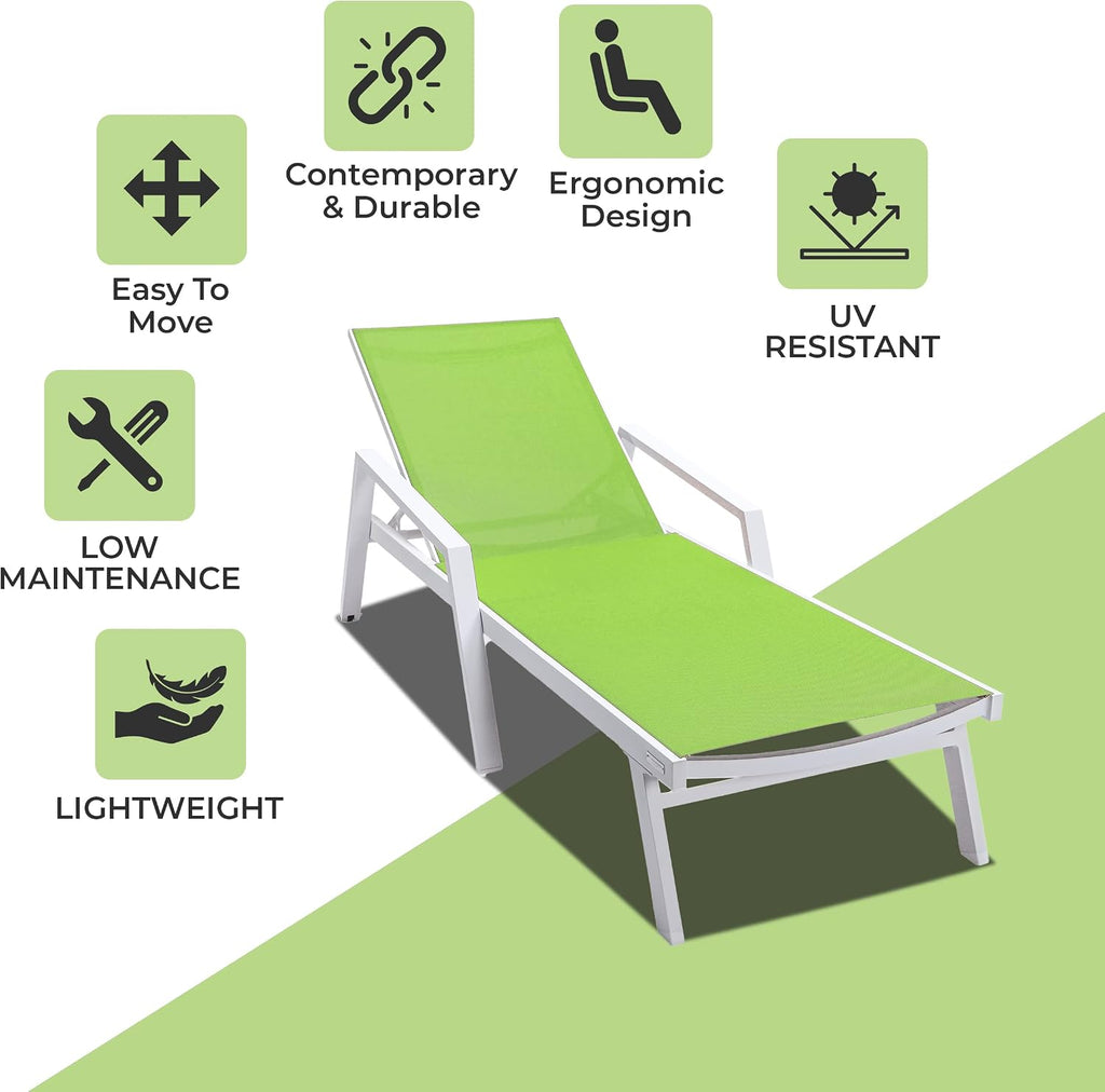 Marlin Patio Chaise Lounge Chair, Adjustable Outdoor White Aluminum Lounge with Breathable Mesh Sling Back