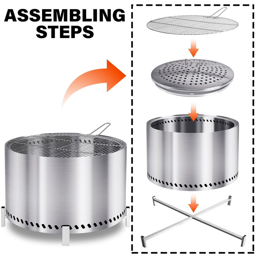 28 Inch Smokeless Firepit with Stand & Grill Rack, Large Stainless Steel Fire Pit, Wood Burning Firepit Garden Picnic