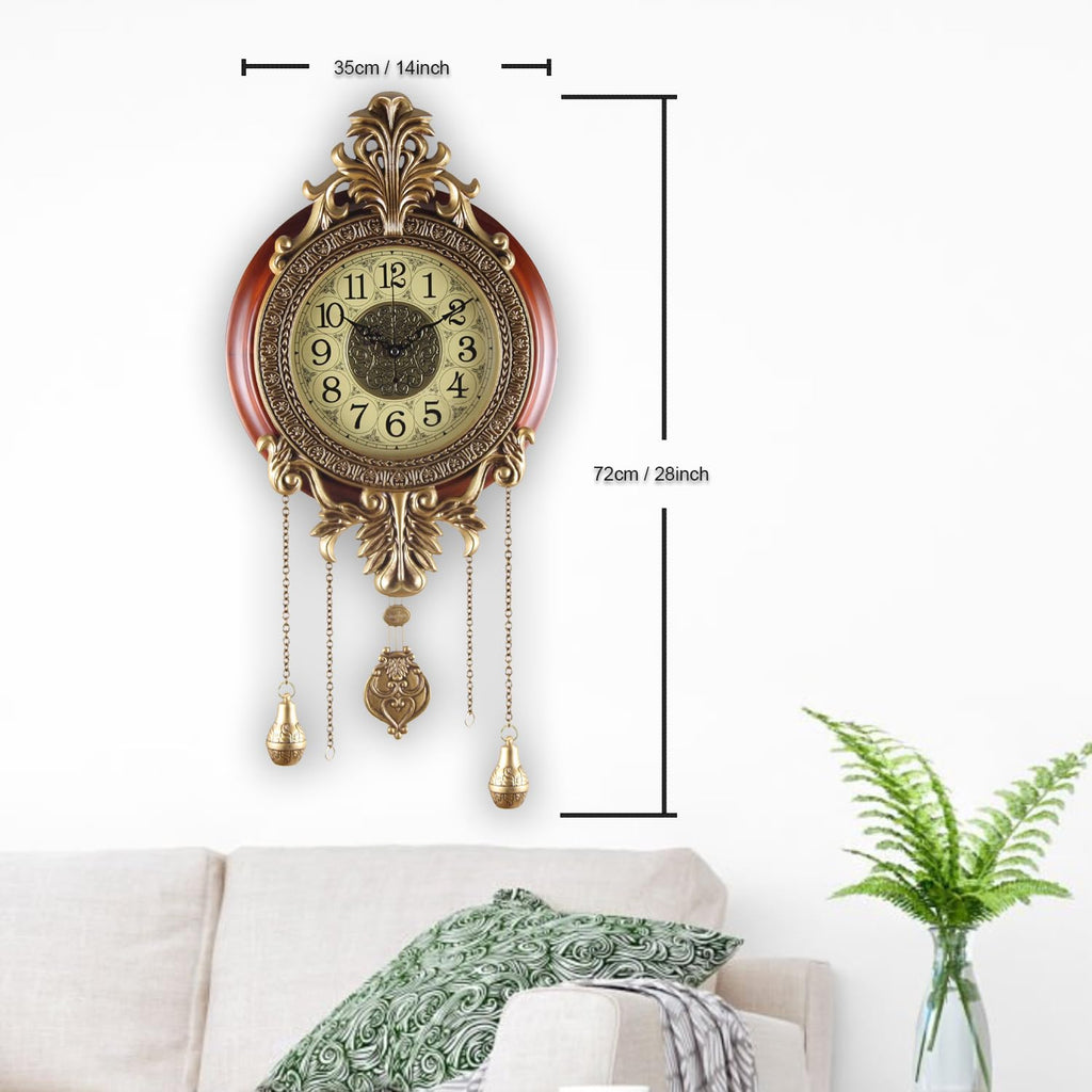 Large Wall Clock with Pendulum, Real Wood Retro Style, Battery Operated, Vintage Royal Decor Living Bedroom