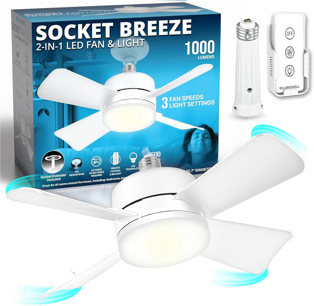 Breeze Socket Fan Light with Remote, Portable Small Ceiling Fans with Lights for Bedroom, Kitchen, Living Room, Ceiling Fan with Light 3500K, 1000 Lumens, Screws into E26/E27