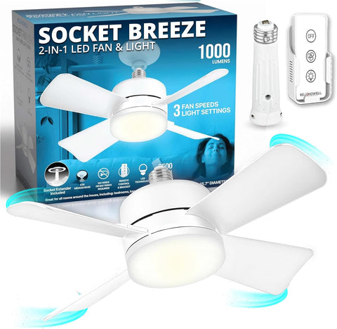 Breeze Socket Fan Light with Remote, Portable Small Ceiling Fans with Lights for Bedroom, Kitchen, Living Room, Ceiling Fan with Light 3500K, 1000 Lumens, Screws into E26/E27 A101-B0BXYY7Y2V