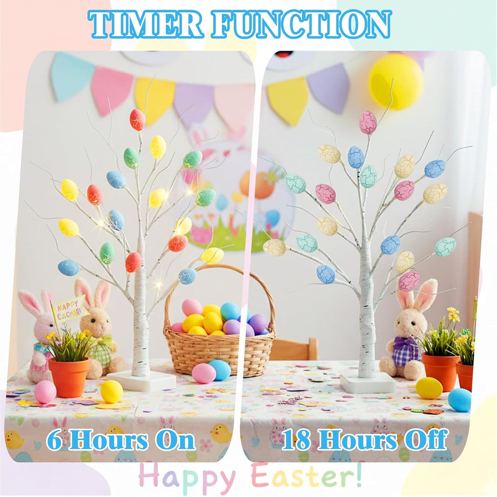 Easter Decorations, 2 Pack Lighted Easter Tree Battery Operated with Timer, 22 Inch LED Birch Tree with 36 Egg - Set of 2