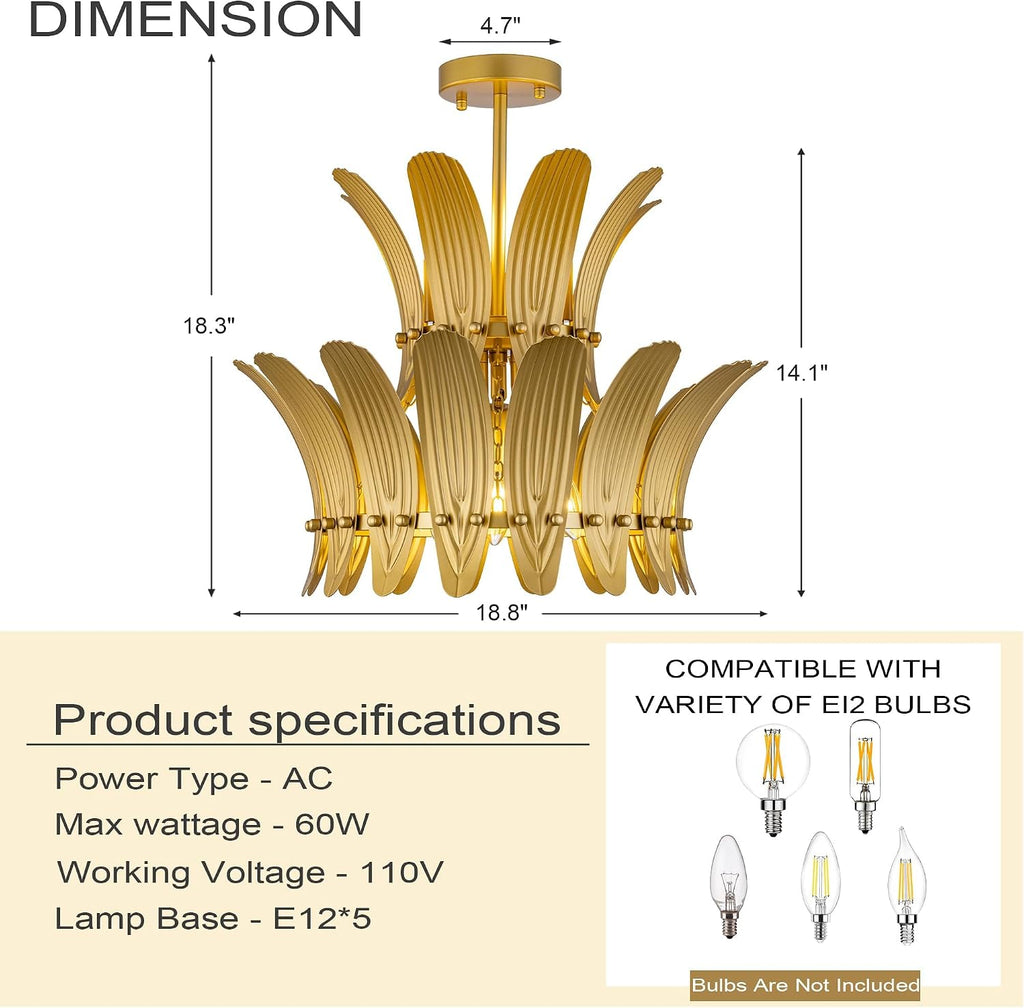 Gold Flush Mount Ceiling Light Fixture, 5 Lights Farmhouse Leaf Chandelier for Dining Room, Modern Semi Flush Ceiling