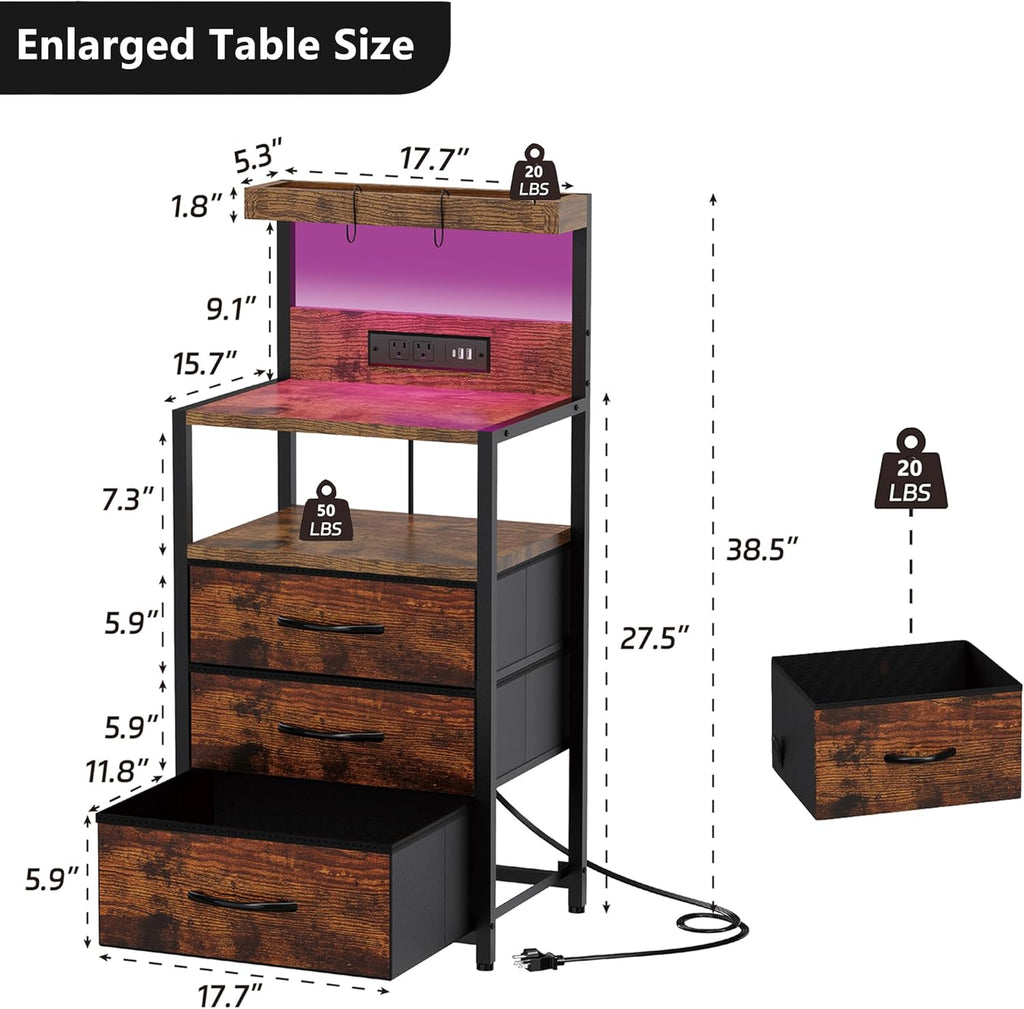 Nightstands Set of 2 with Outlet and USB C Port, Bedroom Night Stand with Led Lights and 3 Fabric Drawers, Matching