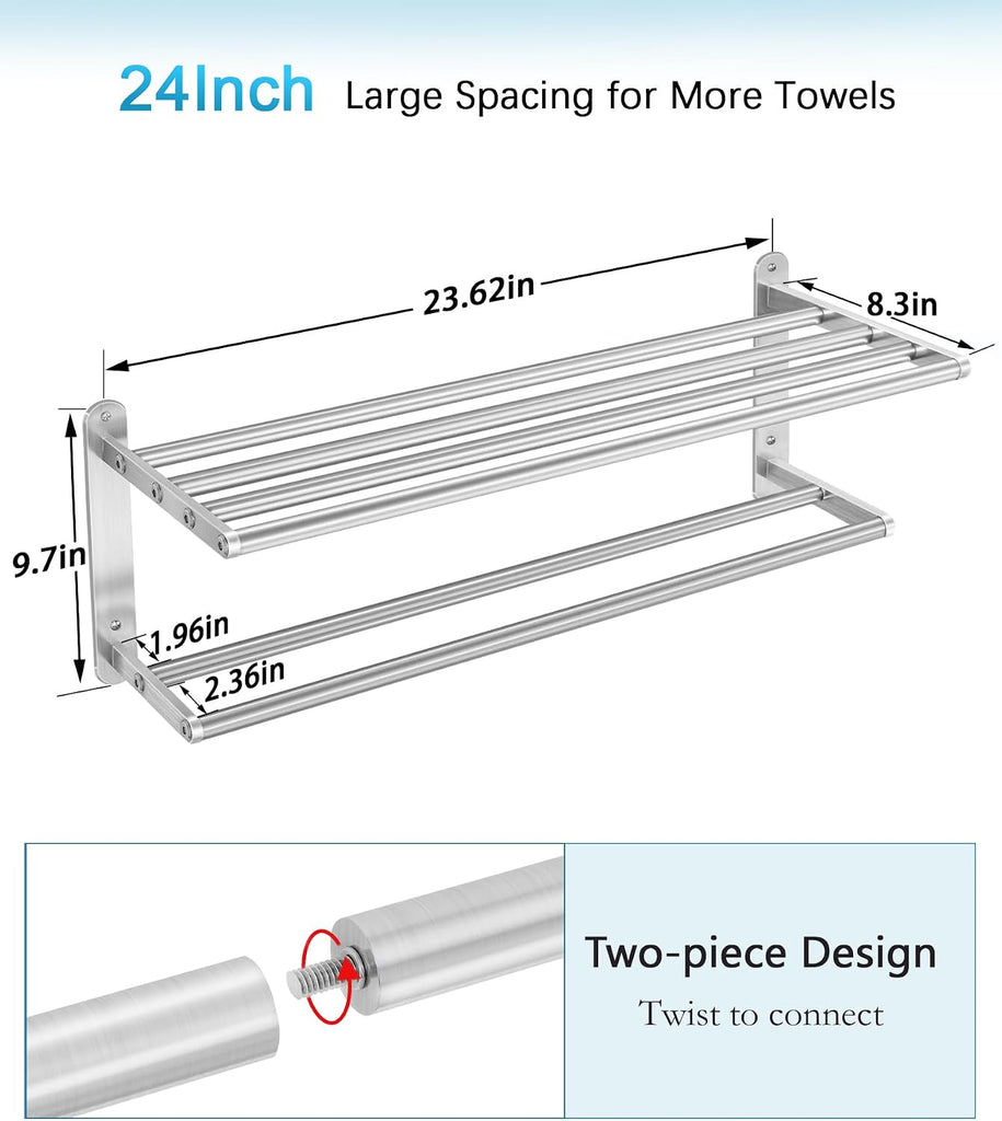 Towel Racks - 24 in Bath Towel Shelf with Double Towel Bar, Stainless Steel Towel Storage for Lavatory Wall Mounted