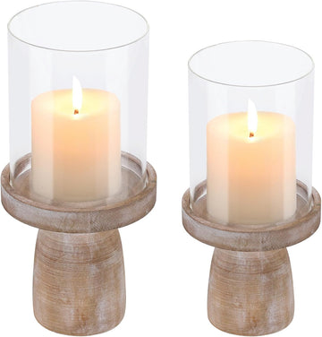 4" & 5" Glass Hurricane Candle Holders with Distressed Brown Solid Wooden Base in Set of 2, Decorative Centerpiece