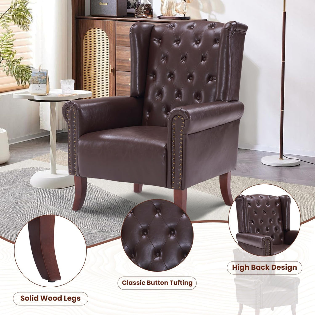 PU Leather Accent Chair Modern Wingback Armchair Club Sofa Chair High Back Living Room Chair , Lounge (Caramel)