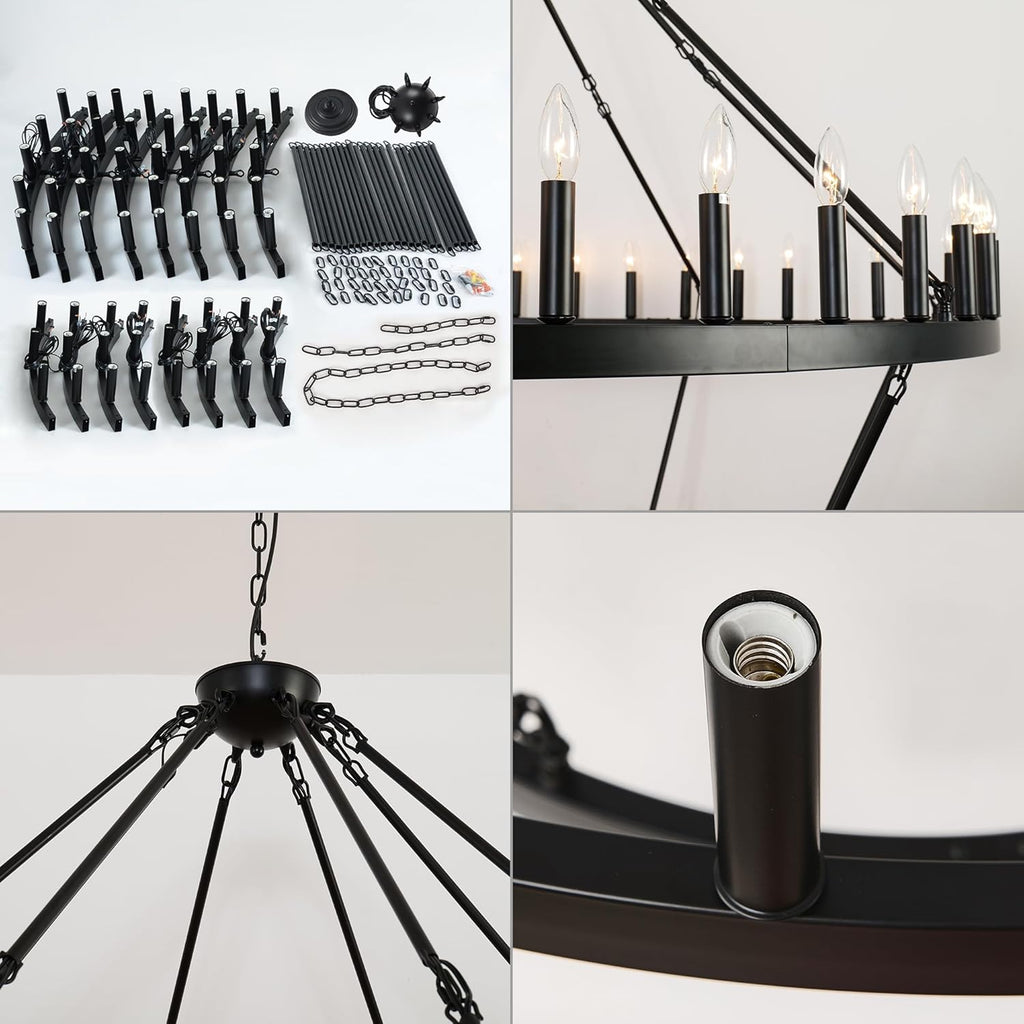 80 Inch Wagon Wheel Chandelier - 2-Tier 56-Light Black Farmhouse Pendant for High Ceilings, Indoor & Outdoor