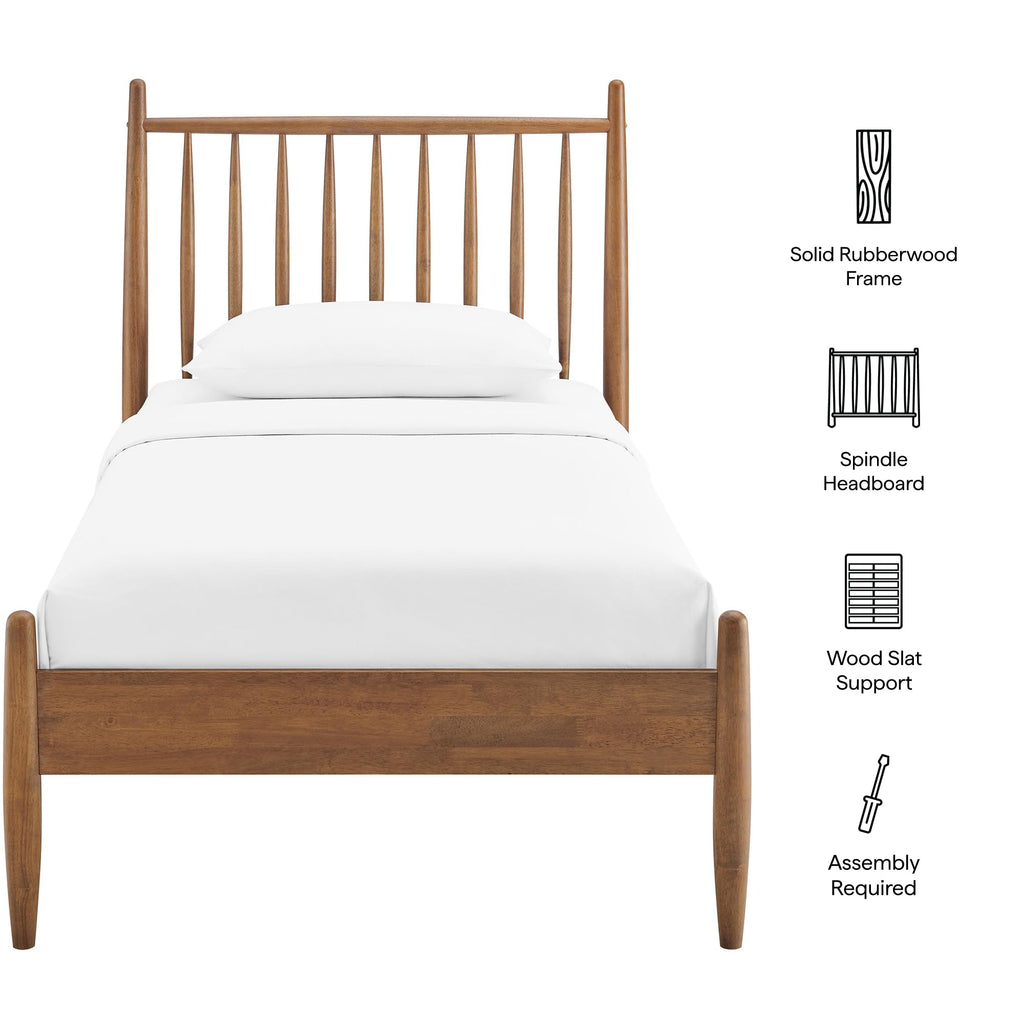 Zane Twin Size Spindle Bed in Walnut - Solid Wood Platform Bed Frame with Headboard, No Box Spring Needed