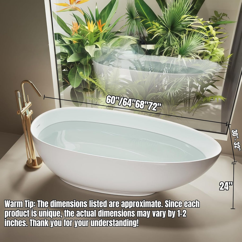 64" Edeyeu Freestanding Bathtub - Modern Artificial Stone Soaking Bathtub, Extra-Deep Freestanding Bathtub, Colored