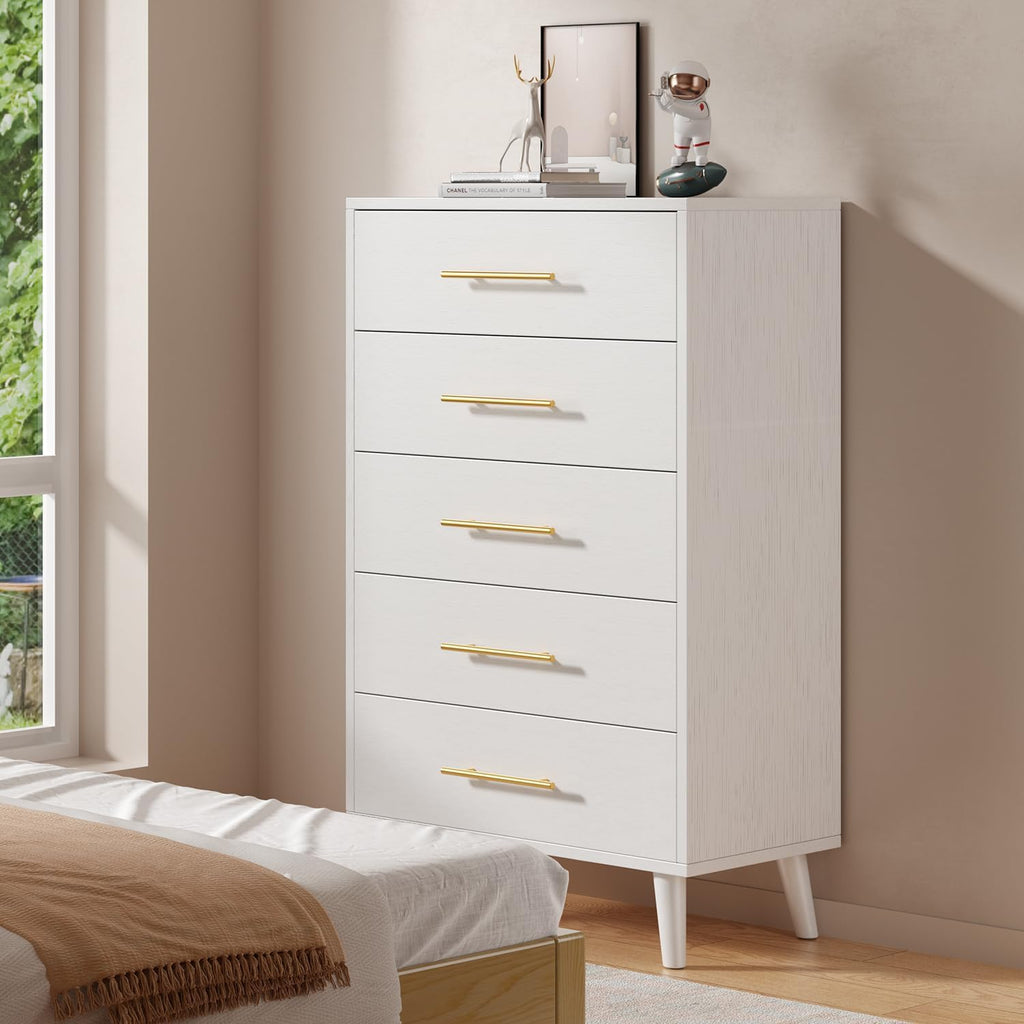 5 Drawer Dresser, Tall Dresser, White | Wood Dresser with Metal Handles for Organized Storage s, Hallways or Entryways