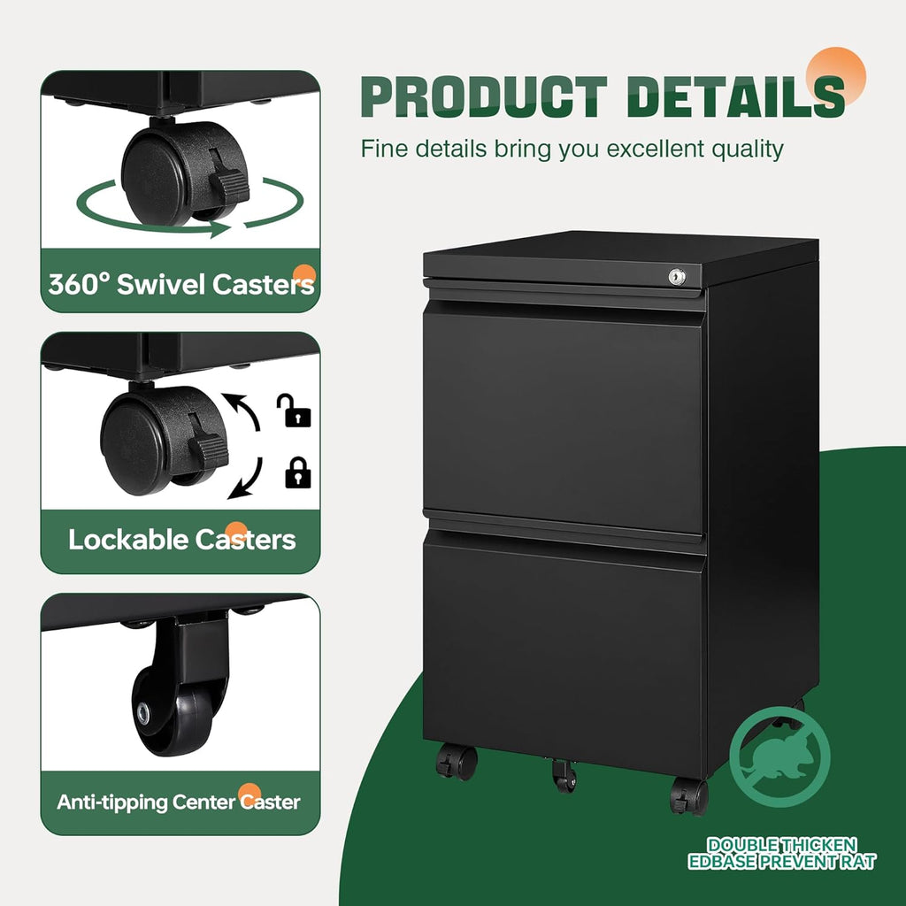 Mobile File Cabinet with Lock,2 Drawer Under Desk Metal Rolling Filing Cabinets Organizer Letters/Legal/A4(Fully