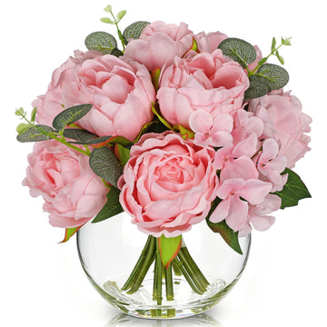Pink Peonies Artificial Flowers in Vase Peony Fake Flowers Silk Flower Arrangements with Glass Vase with Faux Water