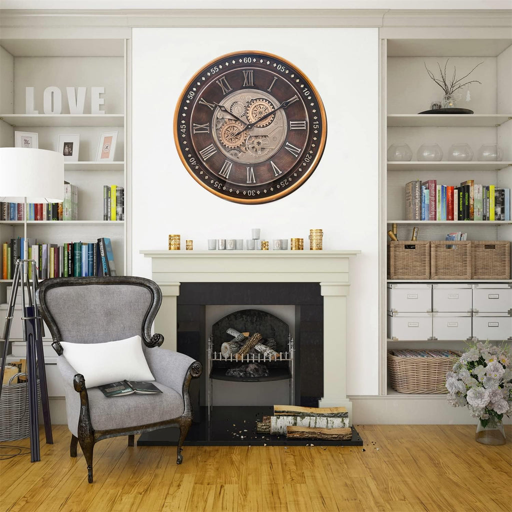 24 Inch Wall Clock with Moving Gears,Oversized Large Industrial Steampunk Clock
