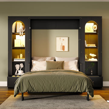Queen Murphy Bed with Desk and Storage Bookcase & LED Light, Solid Wood Murphy Wall Bed with Storage Shelves and Drawers for Adults Bedroom Office (Queen,Black W/LED)