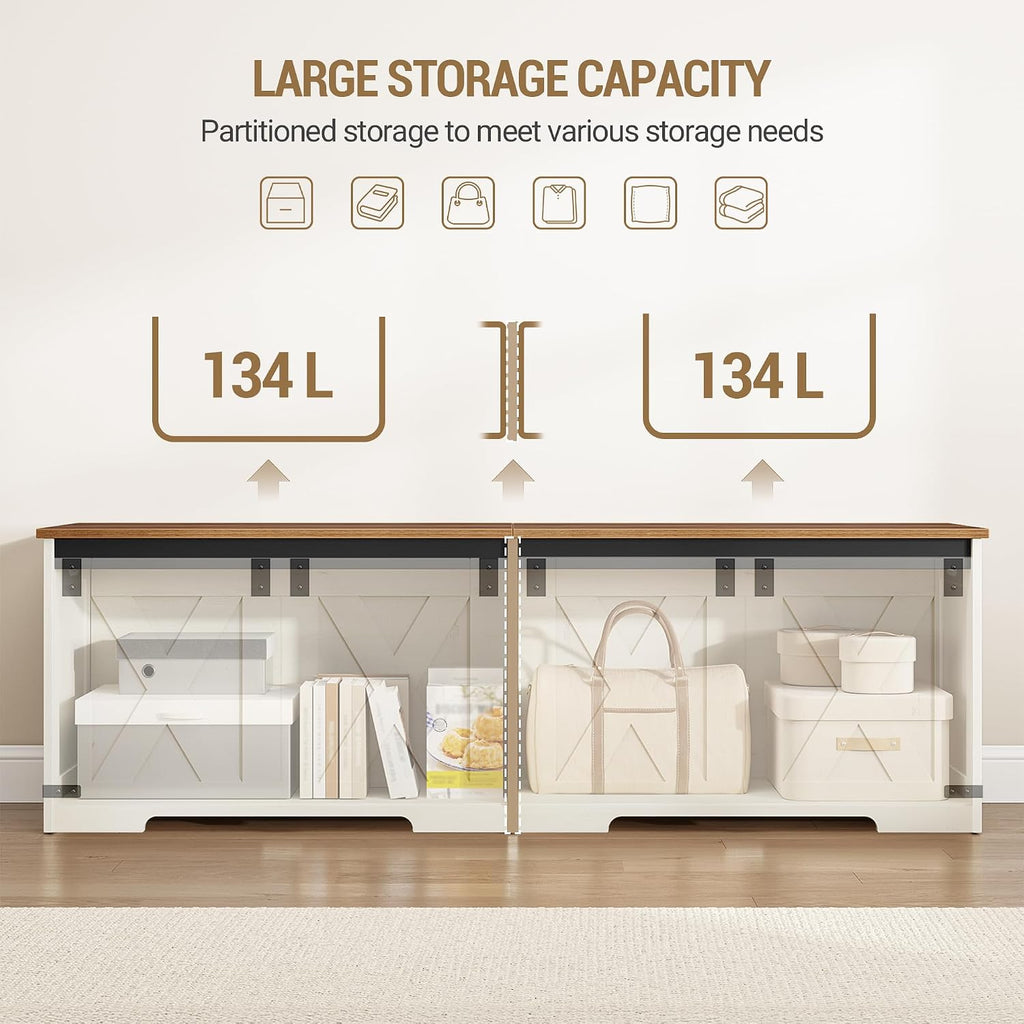 59" Storage Bench, Lift Top, 268L/70 Gal Large Chest | | Retro White, Farmhouse, FSC Wood, 330lb, Double Hinges