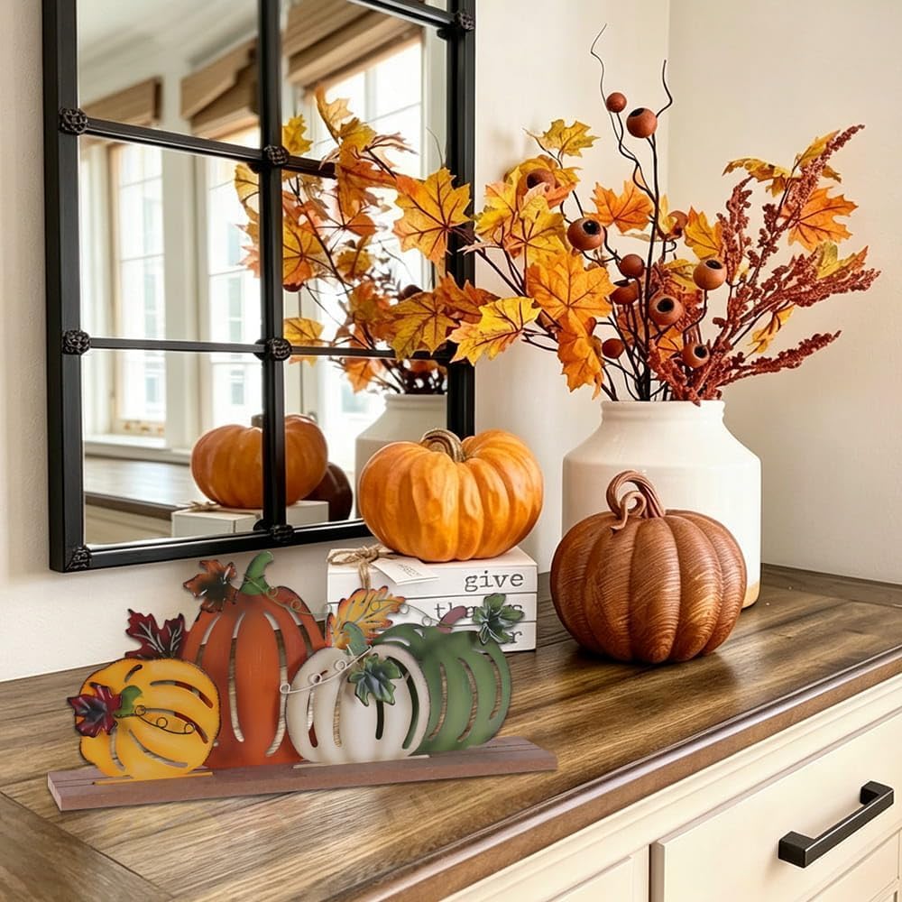 Fall Decorations, Wood Metal Pumpkins Sign for Fall Table Decor, Farmhouse Rustic Multi-Color Pumpkin Decorations