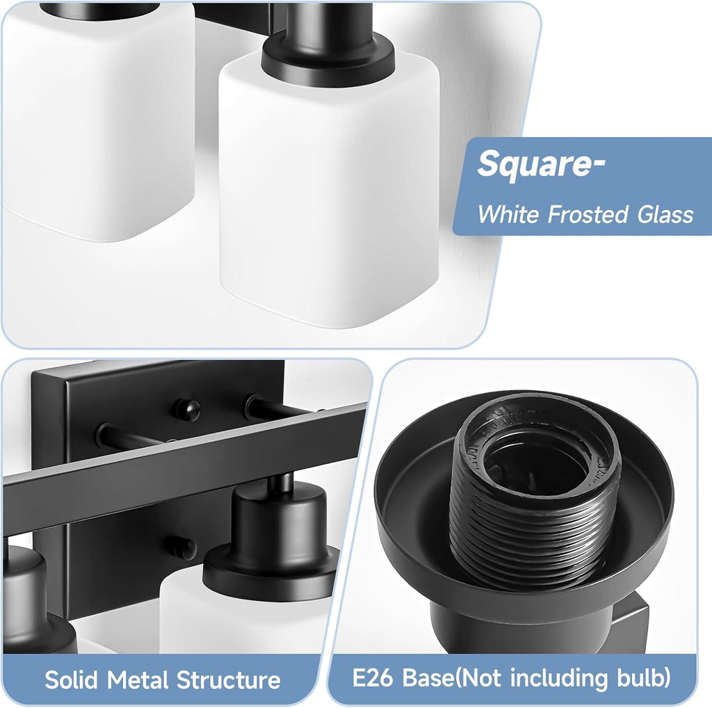 3-Light Bathroom Vanity Light,Modern Matte Black Bathroom Light Fixtures with Square Frosted Glass,Wall Sconces
