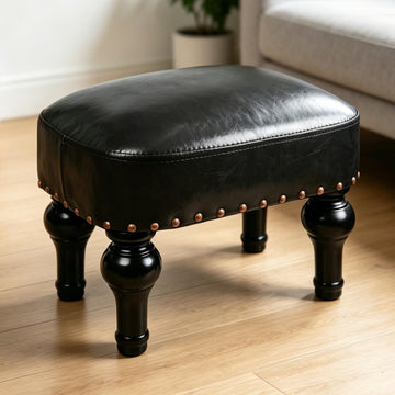Leather Footrest Wood Ottoman, Rustic Foot Stools Seat, Wood Footstool, Rectangle Footrest Small Ottoman, Entrance Hall