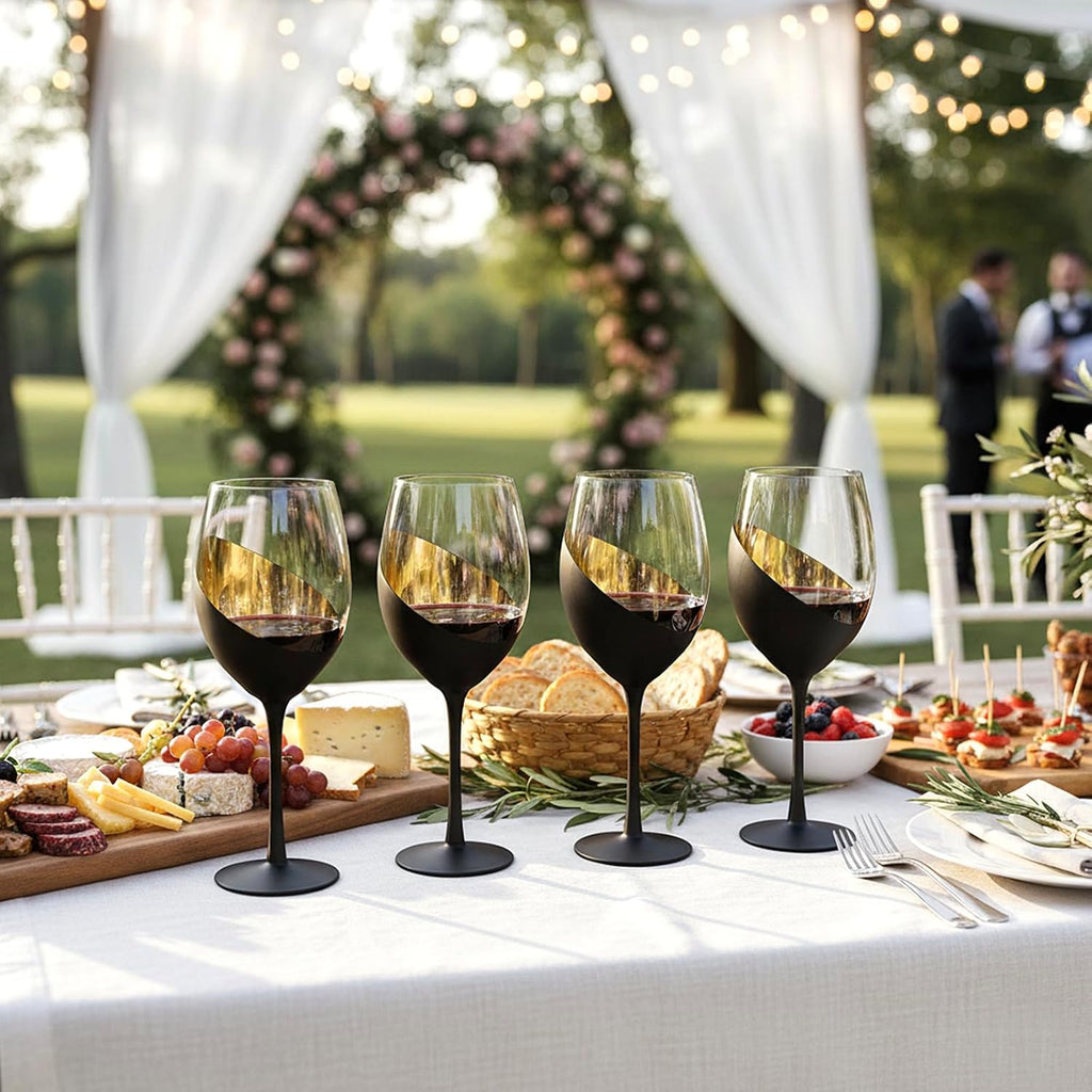 Wine Glasses Set of 4, Red Wine Glasses 14oz, Modern Matte Black & Gold Stemware, Elegant Bar Cups for Weddings