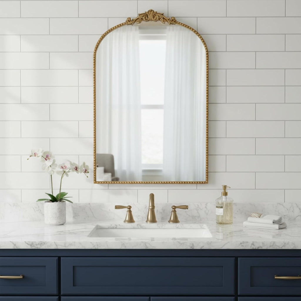 Vintage Baroque Arched Wall Mirror 36"x24", Gold Ornate Antique French Traditional Decor Mirror for