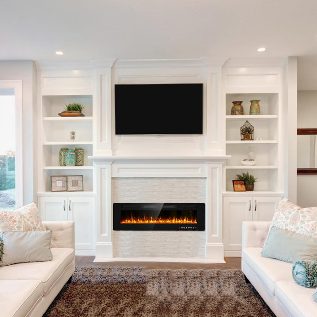 60" Ultra Thin Electric Fireplace Insert-ETL Certified, Recessed/Wall Mount, 3D Flame with Crystal