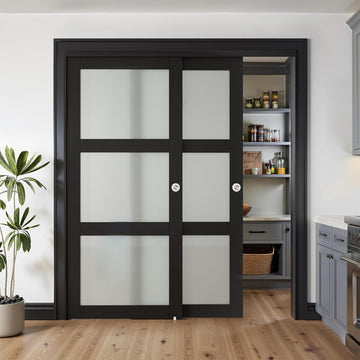 Sliding Closet Door for 72" x 80" Opening, 3-Lite Frosted Glass MDF Barn Door with Hardware Kit Set,