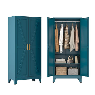 Metal Wardrobe Closet with Doors and Shelves, 71" Farmhouse Bedroom Armoire with Hanger Rod and Clothing Shelf, Blue
