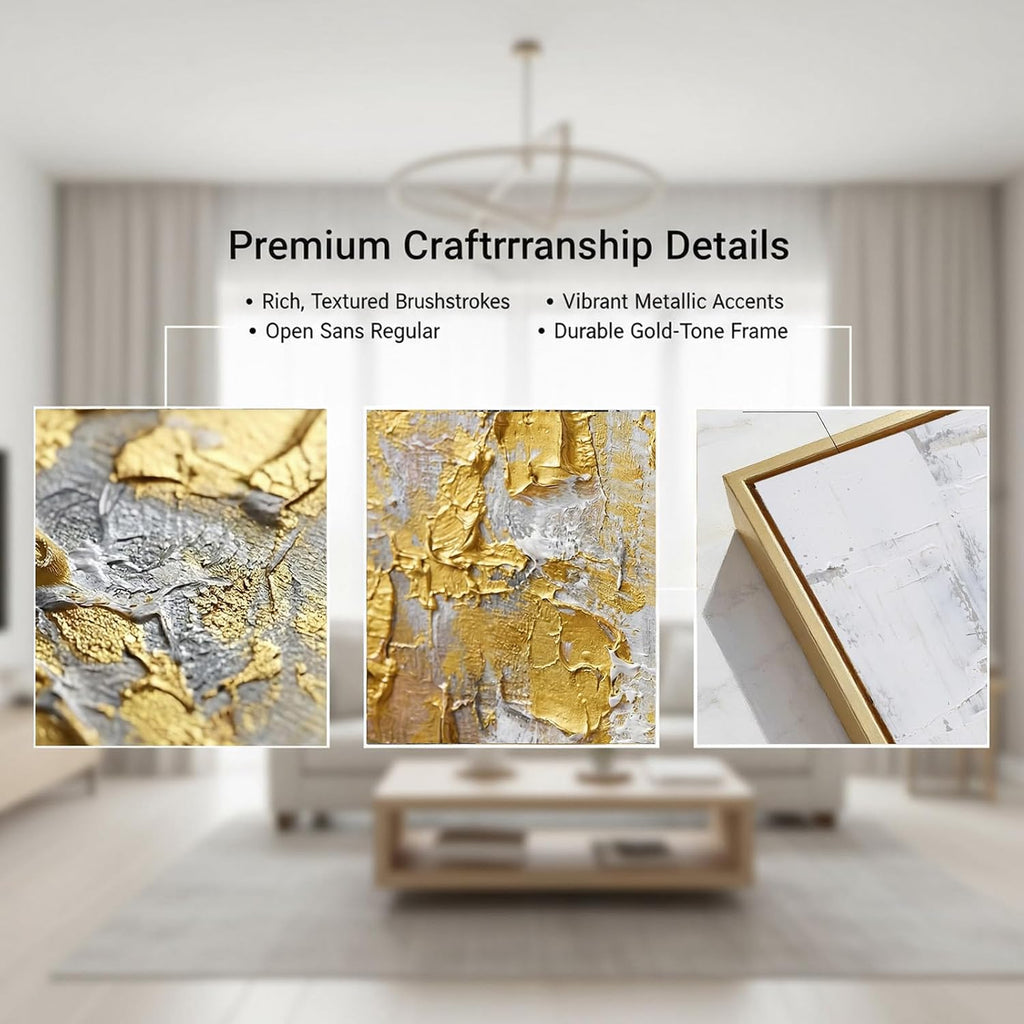Hand-Painted Black and White Abstract Oil Painting on Canvas for Entrance-Hall, Framed Gold Wall Art ,Large 3D Wall
