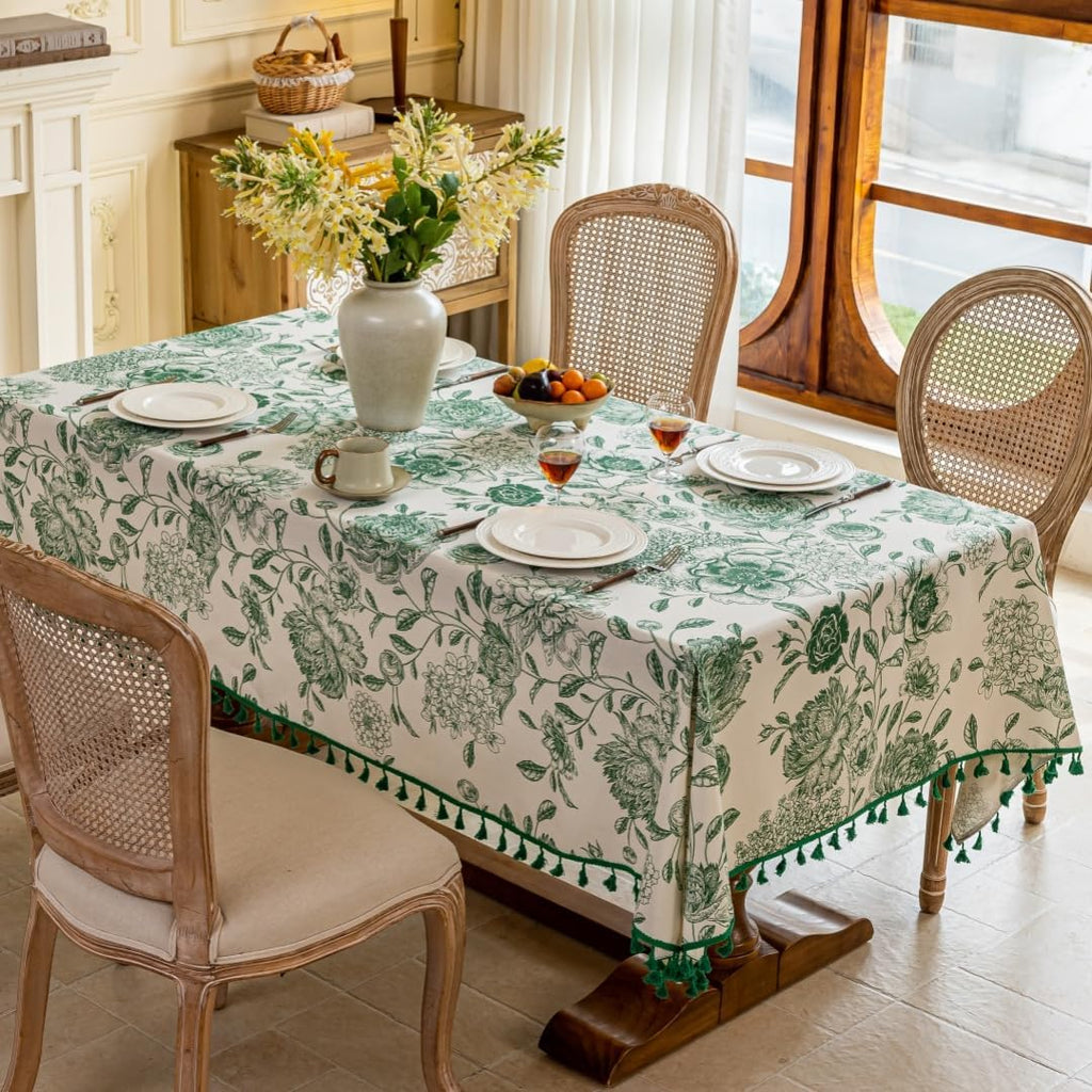 Boho Tassel Tablecloth Cotton Linen Floral Tablecloths and Dining Table Covers Home Decor, Rectangul