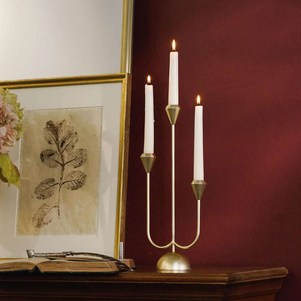 Gold Candelabra Candle Holders Centerpieces for Tables, 3 Arm Modern Elegant Metal Taper Candlesticks Stand Fireplace