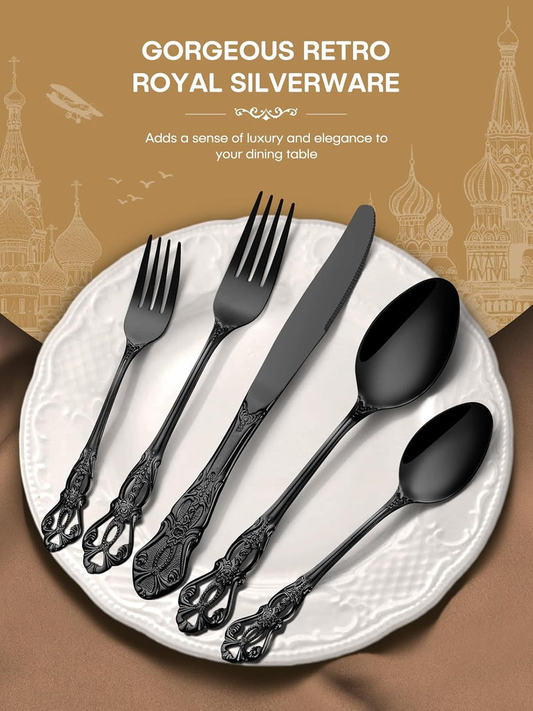48 Pieces Black Silverware Set with Steak Knives, Gorgeous Retro Royal Silverware Set for 8
