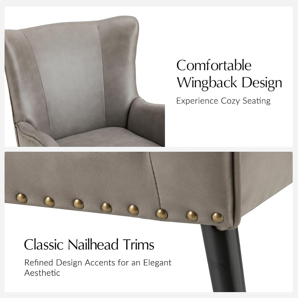 Faux Leather Accent Chair, Grey | Wingback design with removable cushion, nailhead trim, and metal legs , reading
