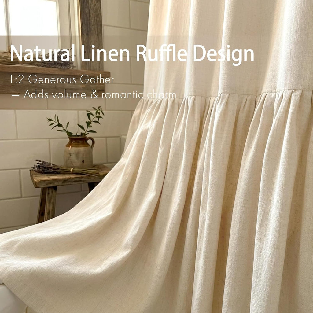 Linen Shower Curtains - Farmhouse & Bohemian Shower Curtains, Neutral Textured 1:2 Ruffled Shower Curtain, Spa-Like