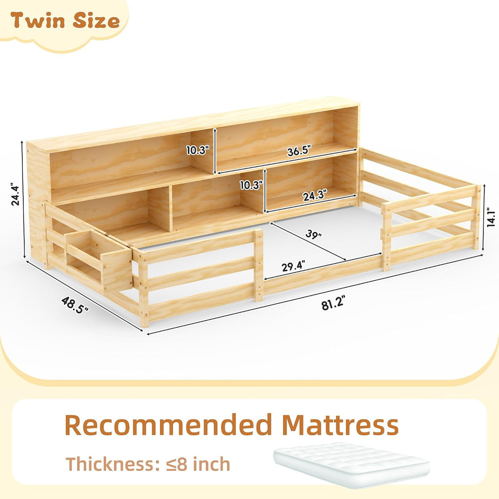Twin Floor Bed for Kids, Wooden Montessori Bed Frame with Bookcase, Bedside Storage Shelves & Guardrails, Versatile