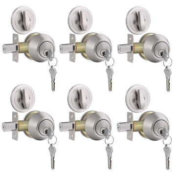 6 Keyed Alike Single Cylinder Deadbolts Keyed on One Side, Satin Nickel