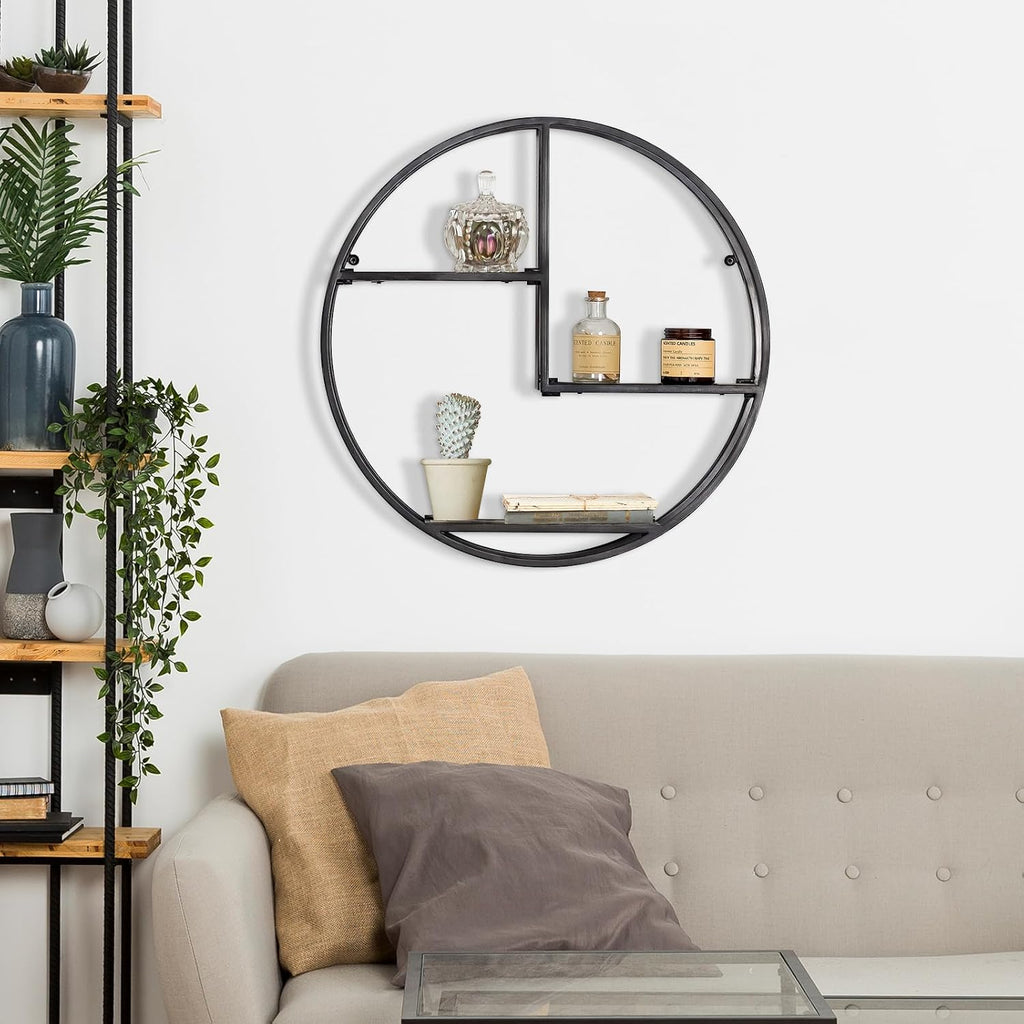 3 Tier Industrial Style Foldable Circle Wall Shelves | 21" x 21", no assembly required, foldable wall mounted shelves