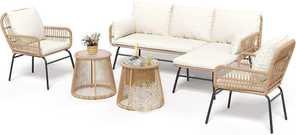 6-Piece Boho Outdoor Patio Furniture Set, L-Shaped Wicker Sectional Sofa with Ice Bucket Table & High Back, Sturdy