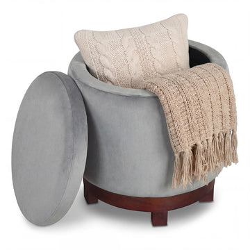Round Ottoman with Storage, 360° Swivel Velvet Vanity Stool with Removable Lid, Wood Frame & Legs, Ottoman Foot Rest