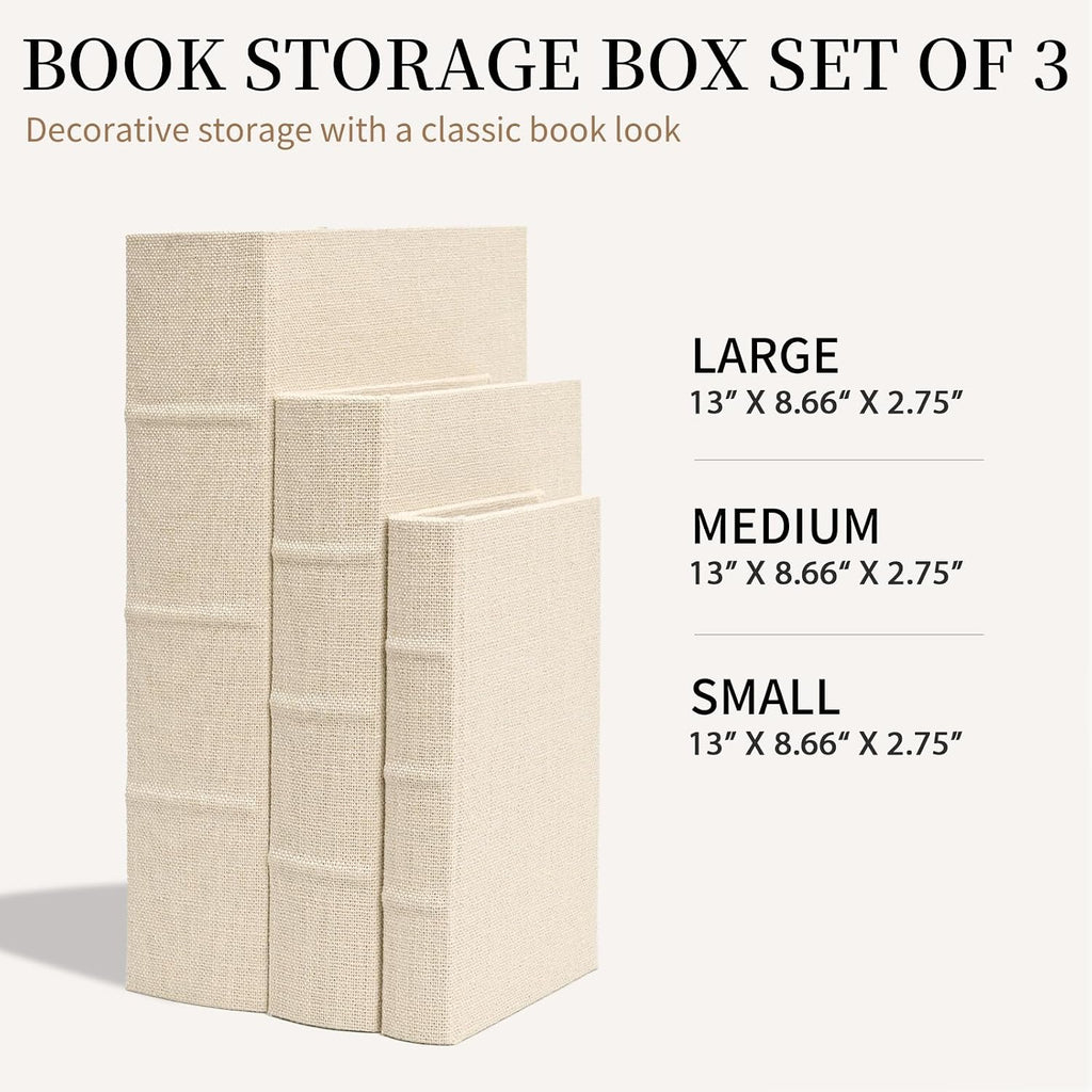 Decorative Book Boxes Set of 3 - Modern Faux Linen & Wood Hidden Storage for Coffee Table - Stackable Fake Books for