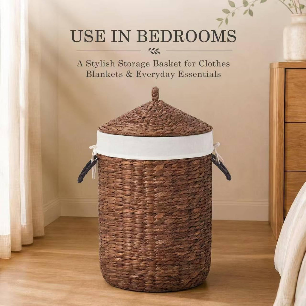 Round laundry hamper with lid, Handwoven Wicker Laundry Basket with Handles and Removable Liner for Dirty Clothes