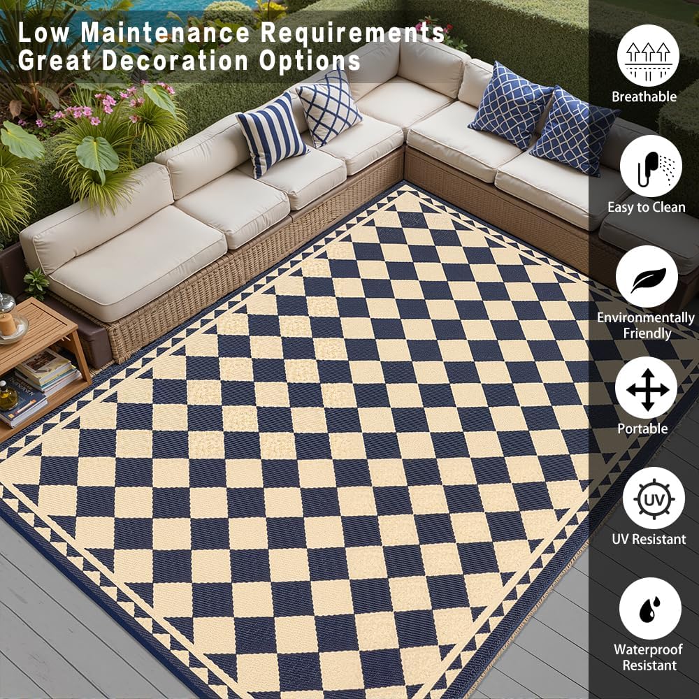 9x12 Black Beige Checkered Waterproof Outdoor Rug