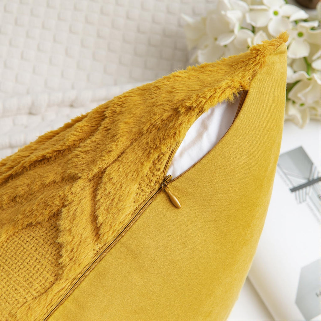 Summer Mustard Yellow Throw Pillow Covers 18x18 Inch, Soft Plush Faux Wool Solid Couch Pillows Set of 2, Decorative