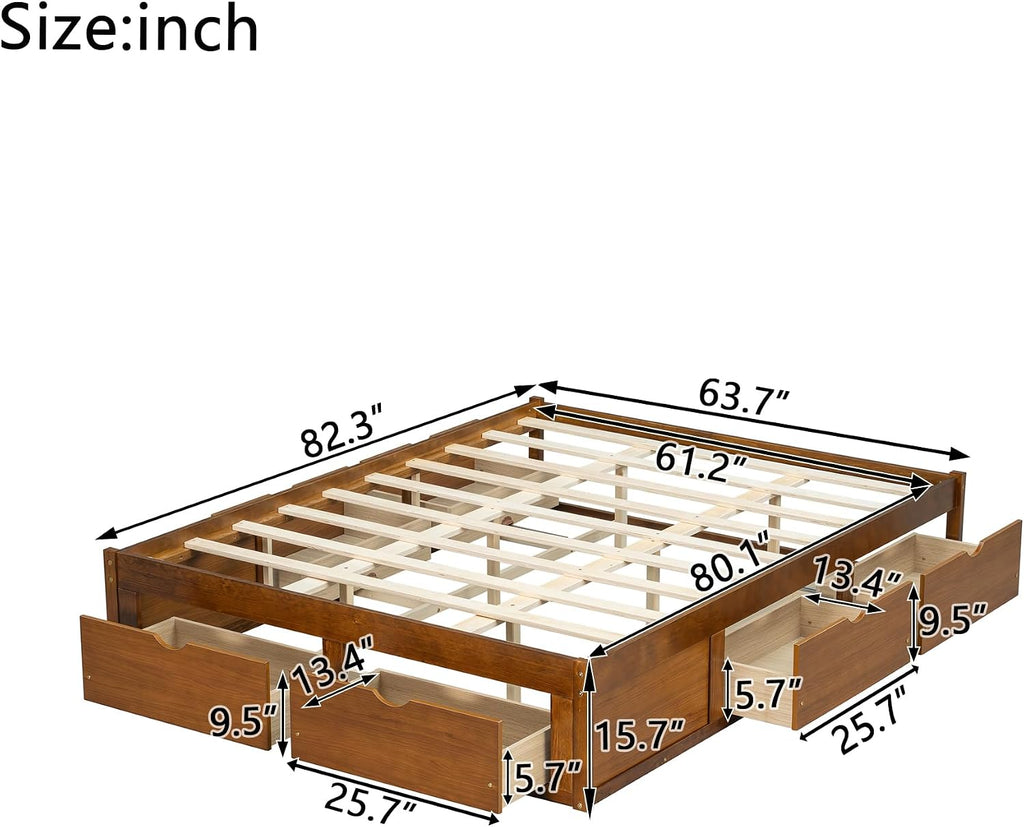 Japanese Wooden Bed Frame Queen with 6 Storage Drawers (Walnut, Queen)
